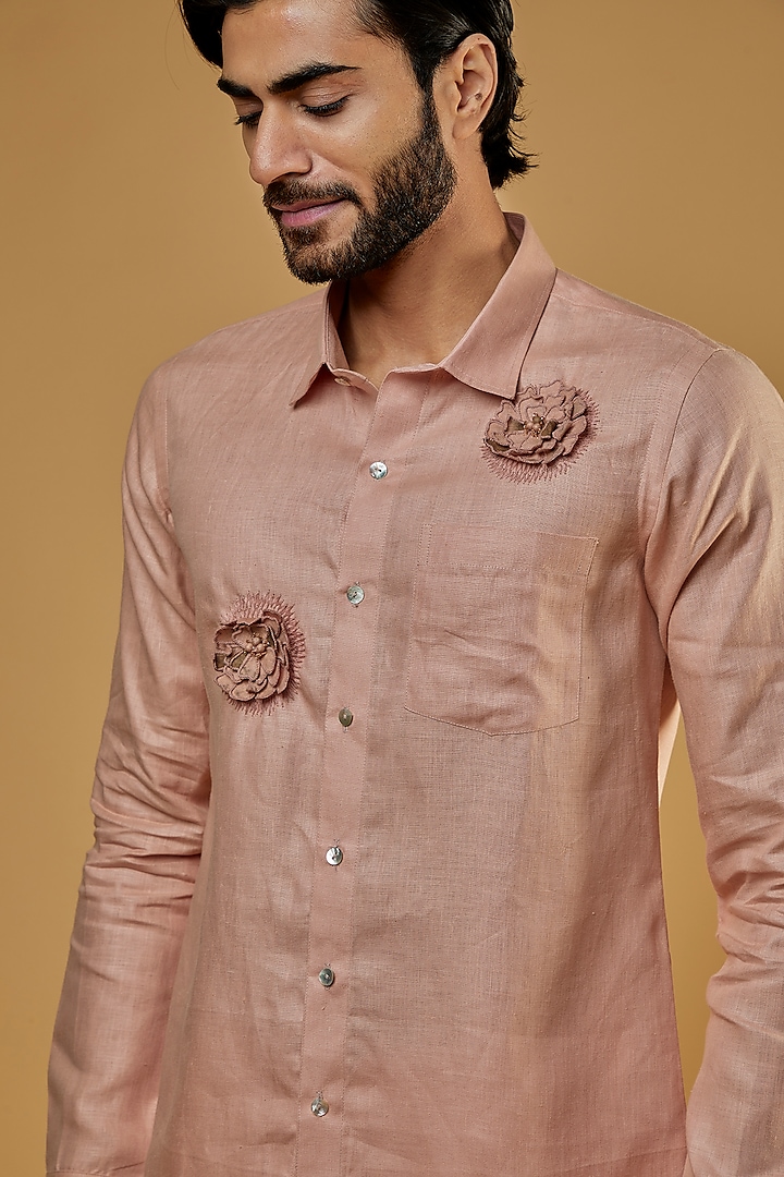 Light Pink Hemp Hand Embroidered Party Wear Shirt by The Harra Label at Pernia's Pop Up Shop