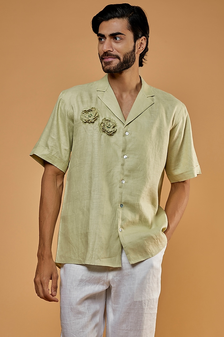 Mint Green Hemp Embroidered Shirt by The Harra Label