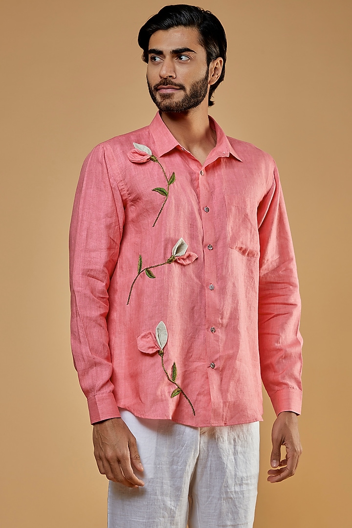 Coral Pink Hemp Embroidered Shirt by The Harra Label