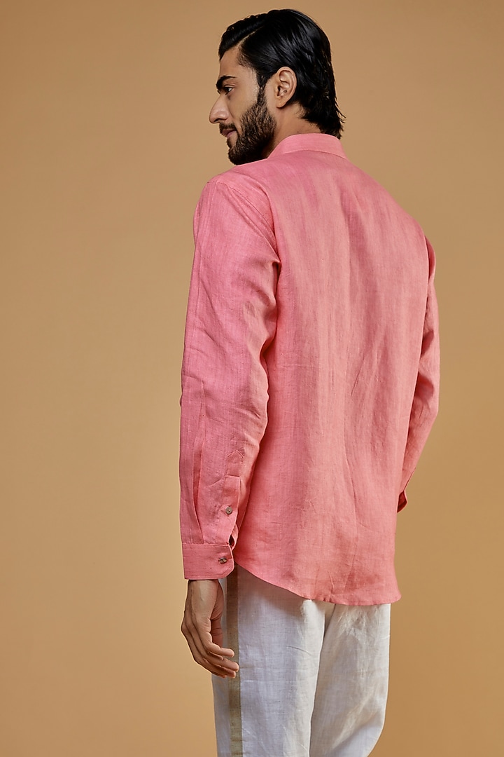Coral Pink Hemp Embroidered Party Wear Shirt by The Harra Label at Pernia's Pop Up Shop