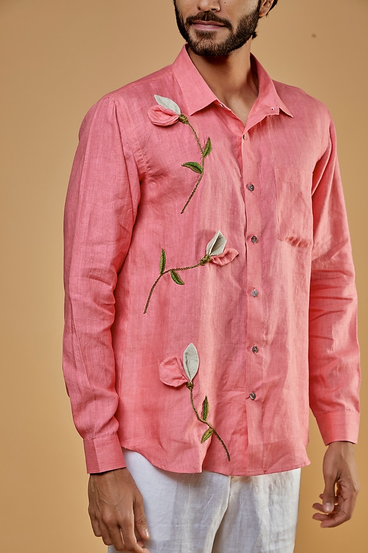 Coral Pink Hemp Embroidered Party Wear Shirt by The Harra Label at Pernia's Pop Up Shop