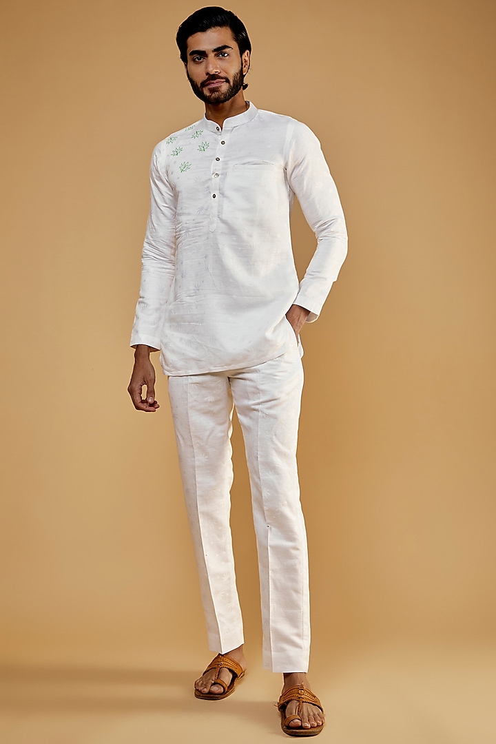 White Hemp & Cotton Blend Embroidered Kurta Set by The Harra Label