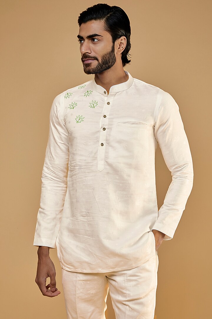 White Hemp & Cotton Blend Embroidered Kurta Set by The Harra Label at Pernia's Pop Up Shop