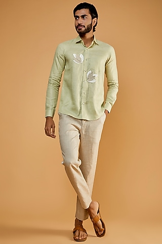 Bush Green Hemp Embroidered Shirt by The Harra Label