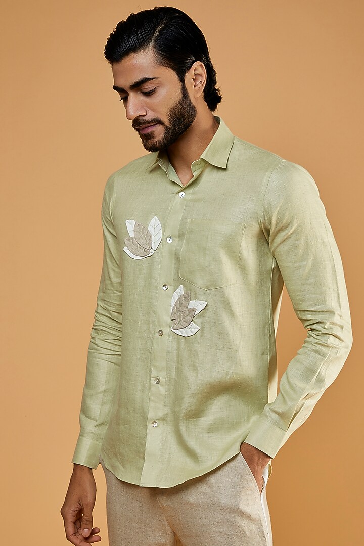 Bush Green Hemp Embroidered Party Wear Shirt by The Harra Label at Pernia's Pop Up Shop
