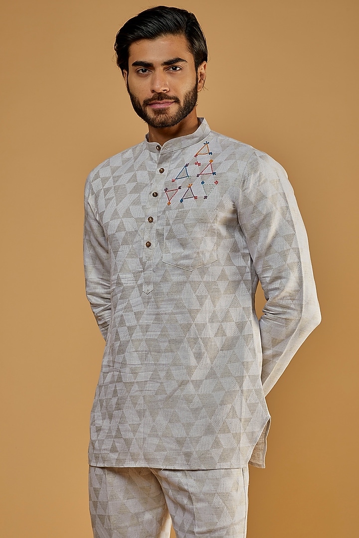 Grey Hemp & Cotton Blend Embroidered Kurta Set by The Harra Label at Pernia's Pop Up Shop
