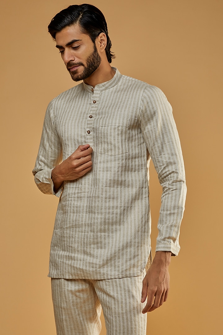 Beige Hemp Striped Kurta Set by The Harra Label at Pernia's Pop Up Shop