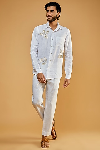 White hemp Leaf Printed & Applique Work Shirt by The Harra Label