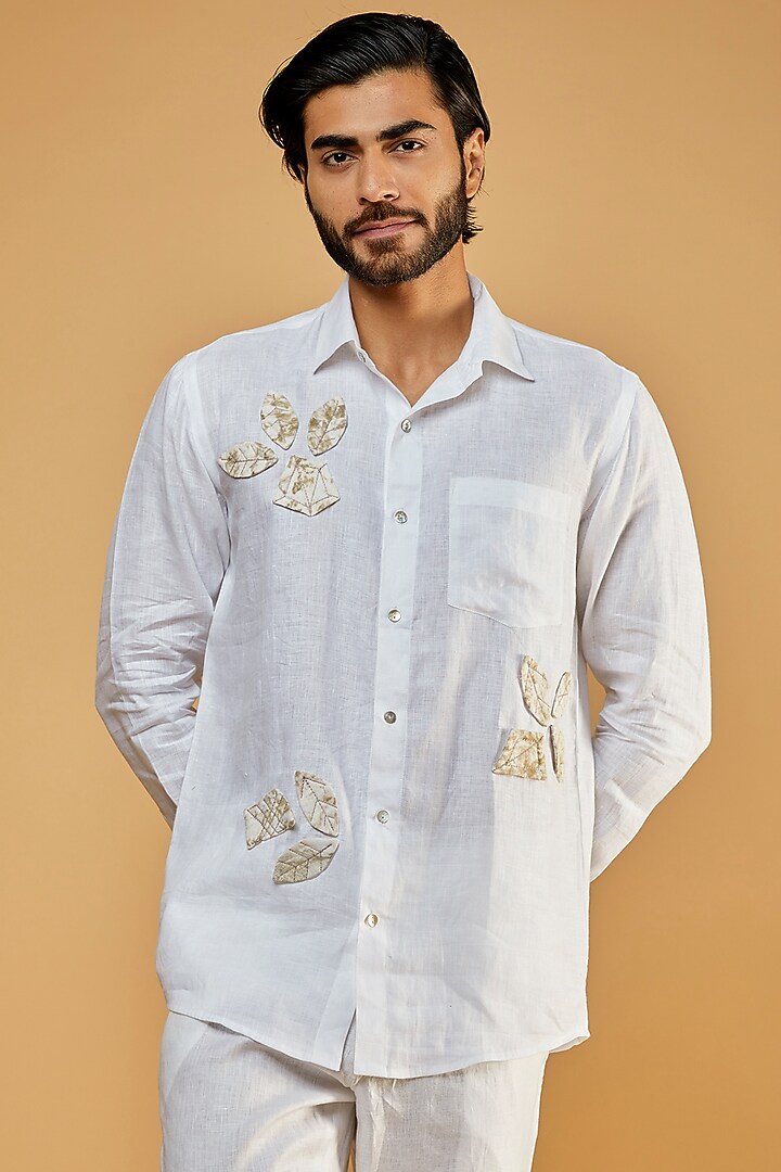 White hemp Leaf Printed & Applique Work Party Wear Shirt by The Harra Label at Pernia's Pop Up Shop