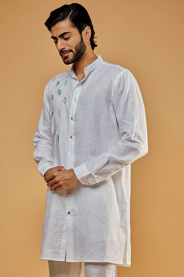 White Hemp Thread Hand Embroidered Kurta by The Harra Label at Pernia's Pop Up Shop