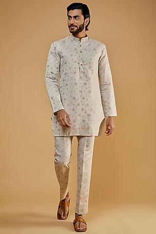 Beige Cotton Blend Thread Embroidered Kurta Set by The Harra Label