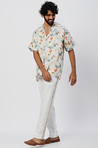 White Pure Hemp Digital Floral Printed Shirt by The Harra Label