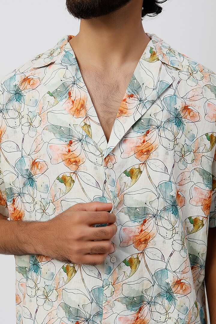 White Pure Hemp Digital Floral Printed Party Wear Shirt by The Harra Label at Pernia's Pop Up Shop