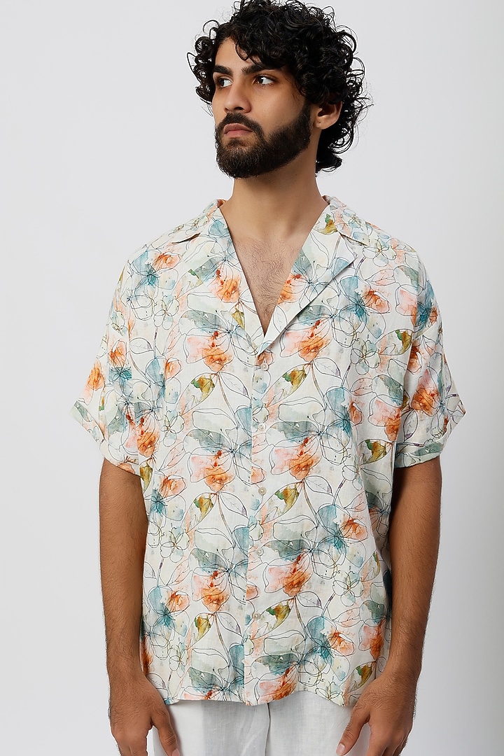 White Pure Hemp Digital Floral Printed Party Wear Shirt by The Harra Label at Pernia's Pop Up Shop