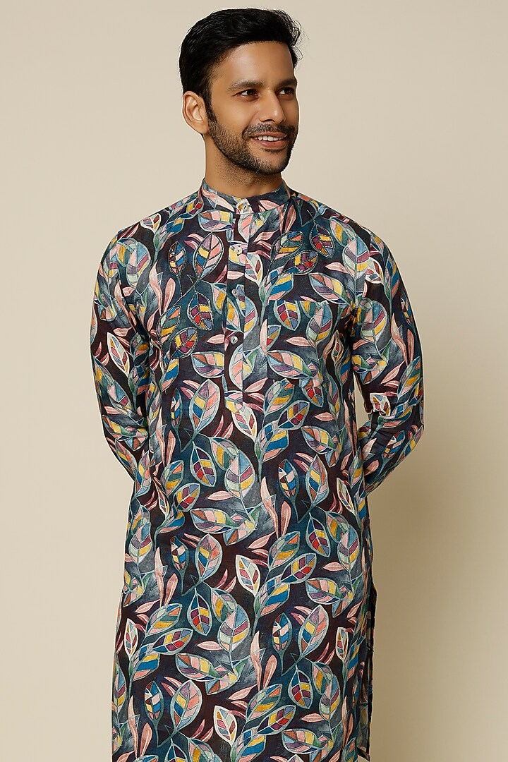 Multi-Colored Hemp Abstract Leaf Printed Kurta Set by The Harra Label at Pernia's Pop Up Shop