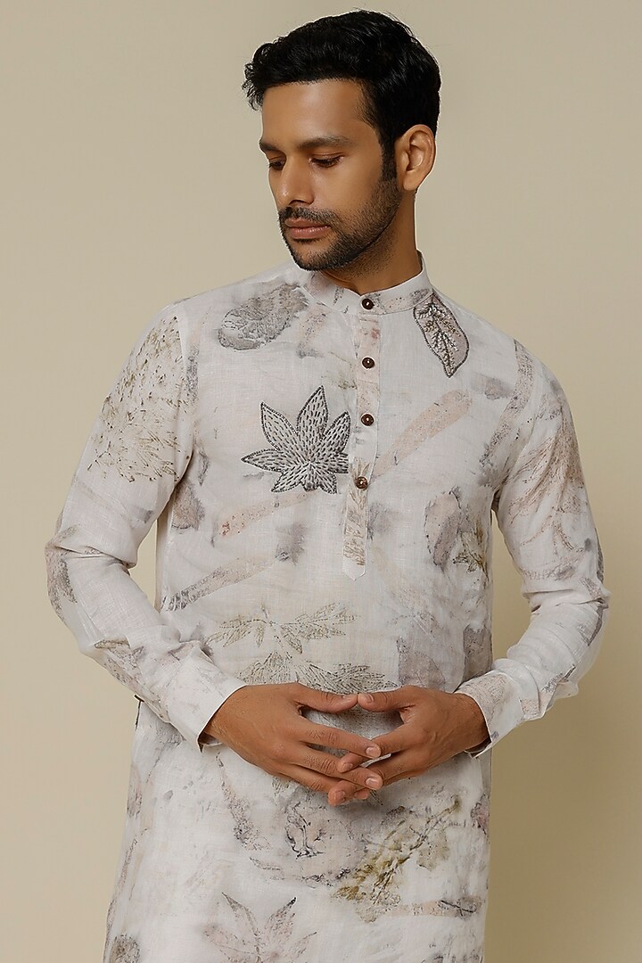 White Hemp Printed & Aari Embroidered Kurta by The Harra Label at Pernia's Pop Up Shop