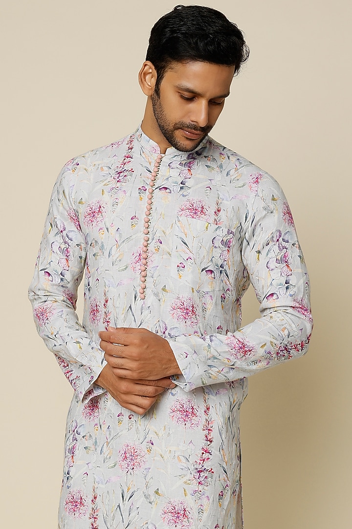 Grey Hemp Floral Digital Printed Kurta by The Harra Label at Pernia's Pop Up Shop
