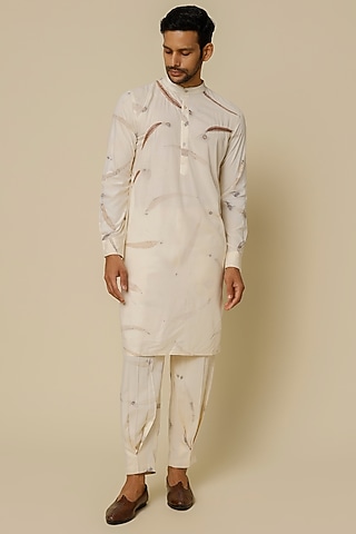 White & Brown Bamboo Printed & Aari Embroidered Kurta Set by The Harra Label