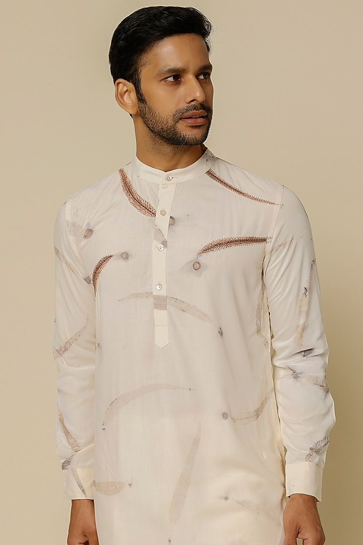 White & Brown Bamboo Printed & Aari Embroidered Kurta Set by The Harra Label at Pernia's Pop Up Shop