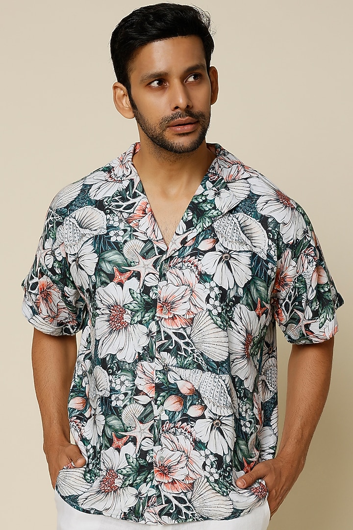 Multi-Colored Hemp Floral Digital Printed Party Wear Shirt by The Harra Label at Pernia's Pop Up Shop