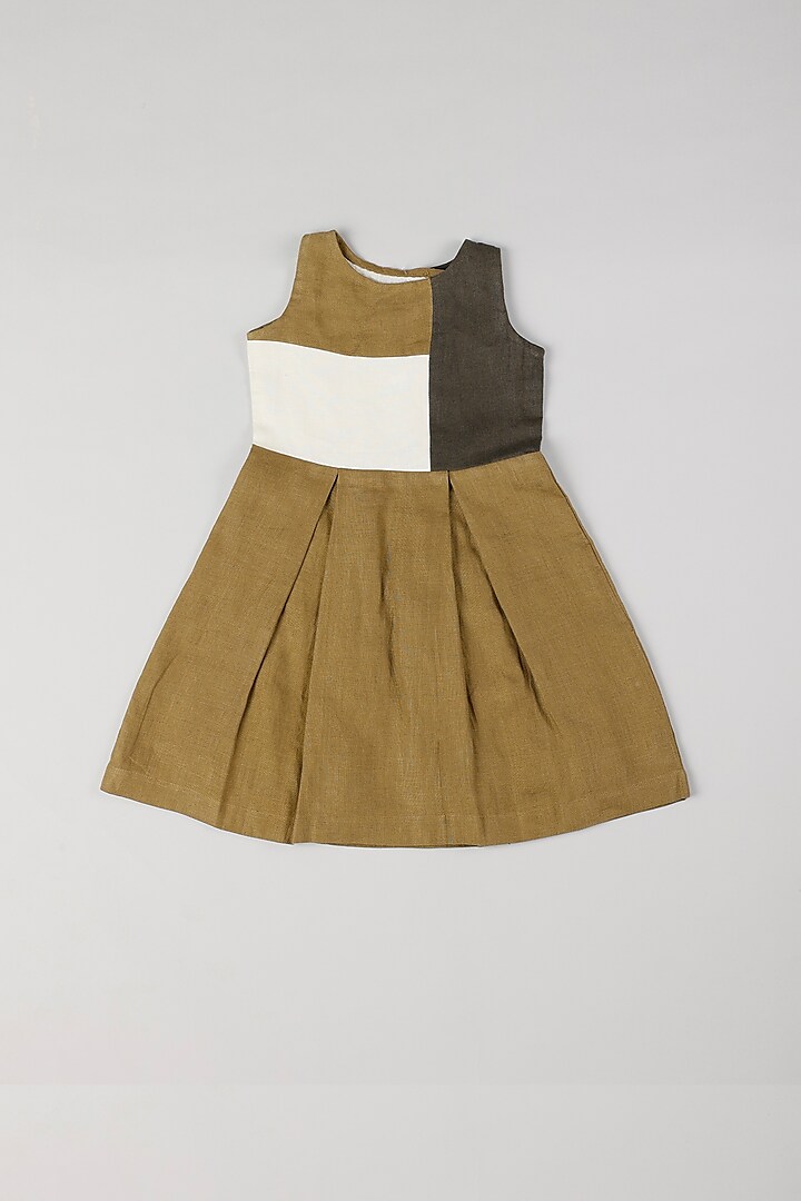 Olive Green Linen Dress For Girls by THE HAPPY POLKA