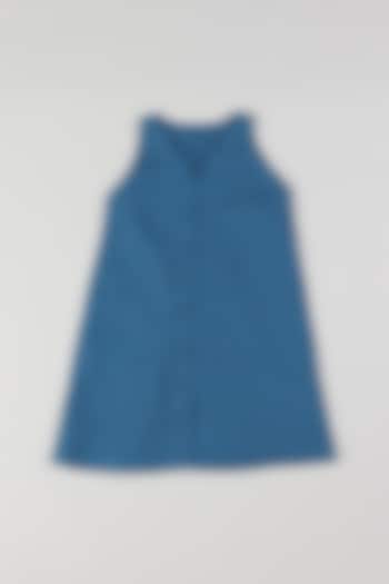 Blue Linen Knee-Length Dress For Girls by THE HAPPY POLKA