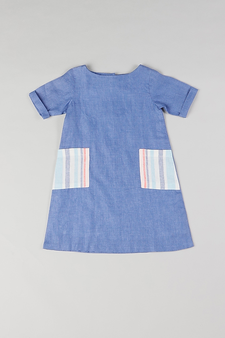 Blue Linen Dress For Girls by THE HAPPY POLKA