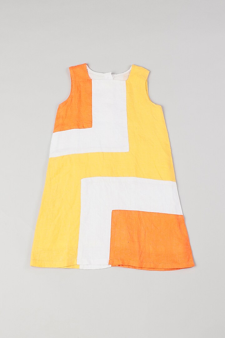 White & Yellow Color Blocked Dress For Girls by THE HAPPY POLKA