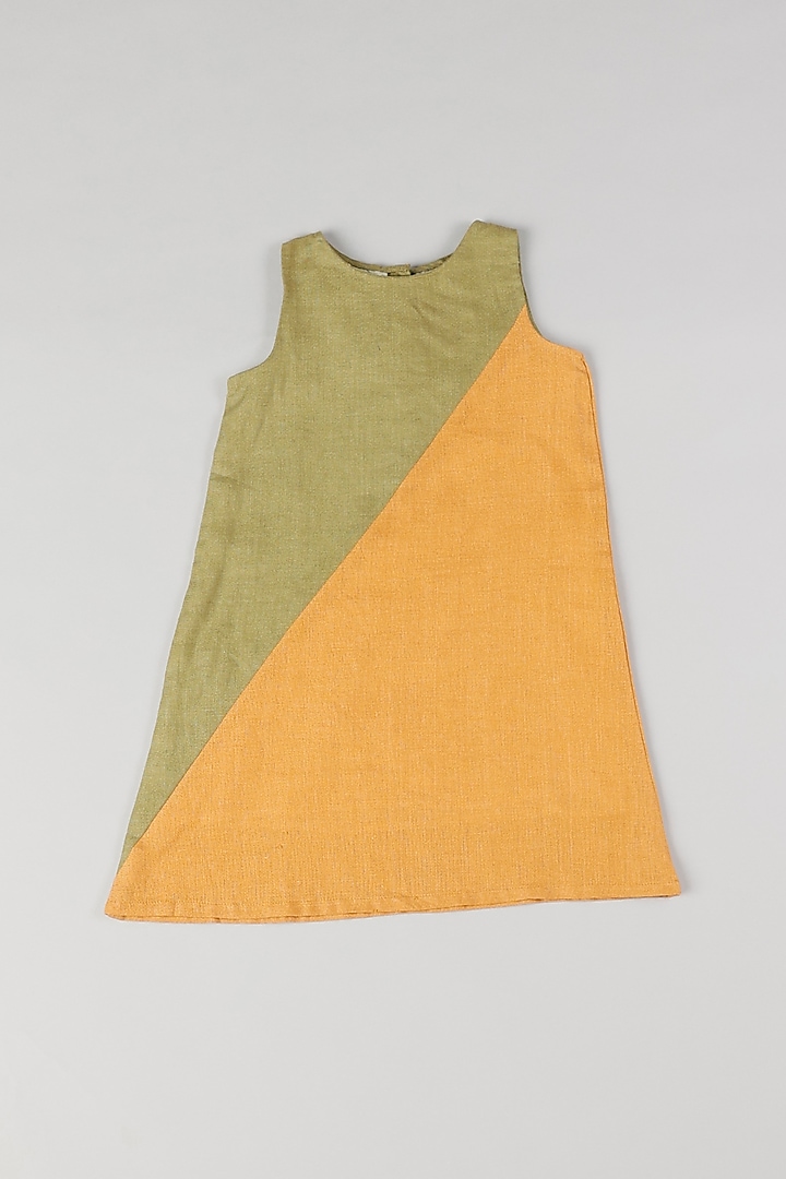 Olive Green & Mustard Color Blocked Dress For Girls by THE HAPPY POLKA
