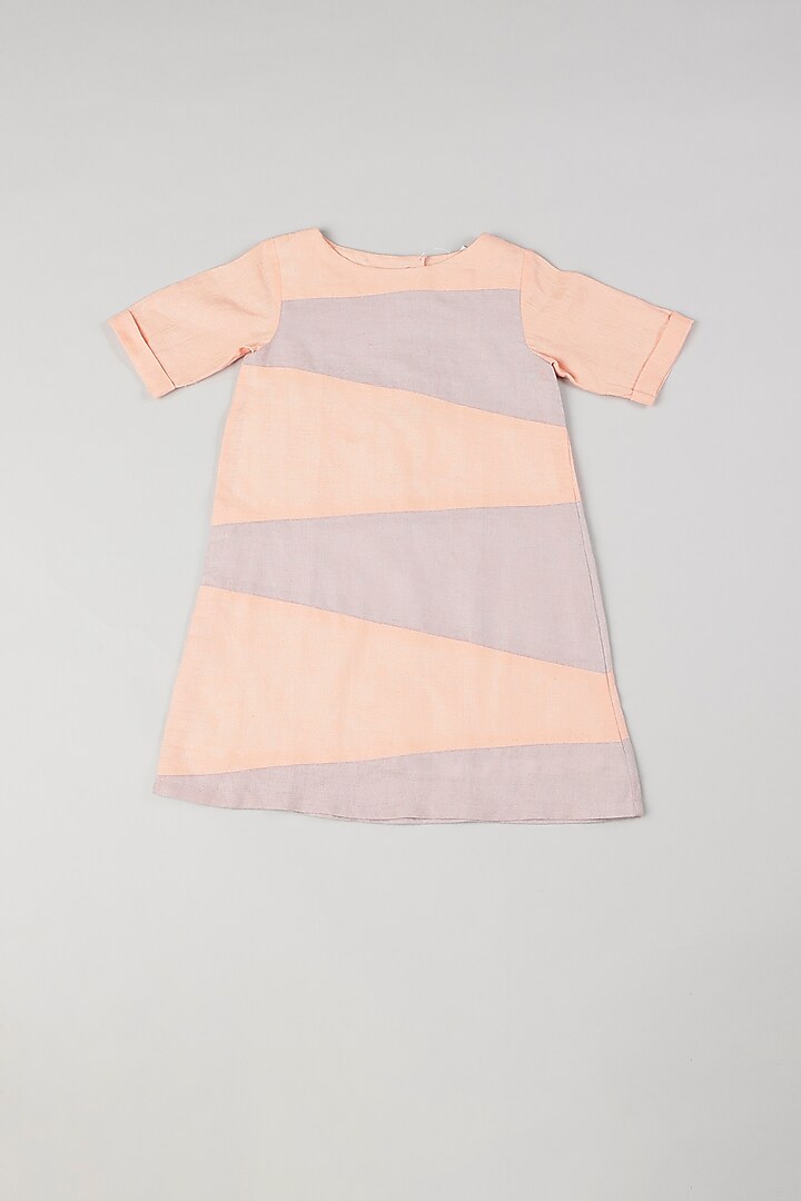 Grey & Peach Color Blocked Dress For Girls by THE HAPPY POLKA