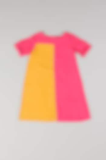 Pink & Yellow Linen Color Blocked Dress For Girls by THE HAPPY POLKA