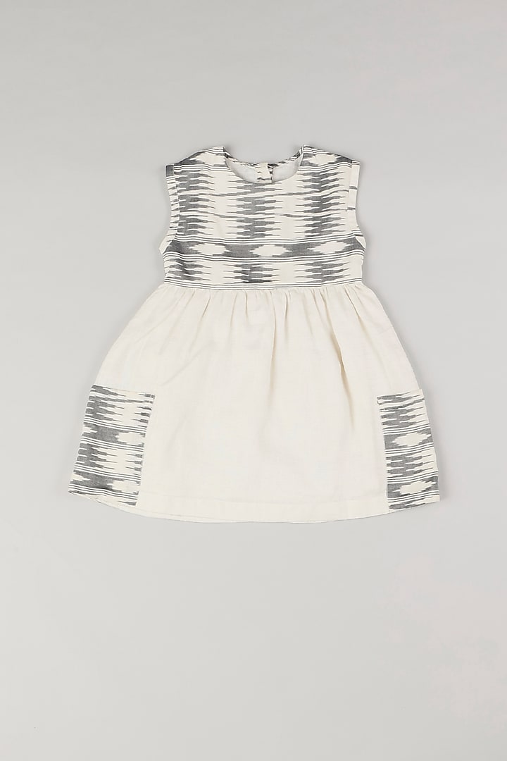 Off-White & Grey Ikat Printed Dress For Girls by THE HAPPY POLKA
