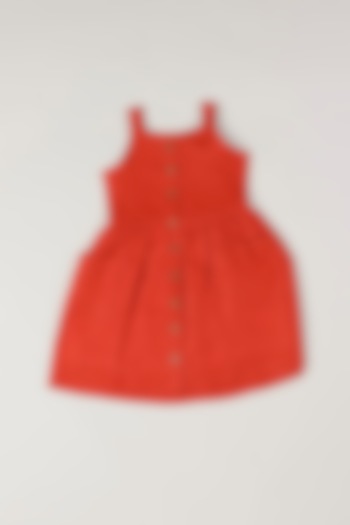 Brick Red Linen Dress For Girls by THE HAPPY POLKA