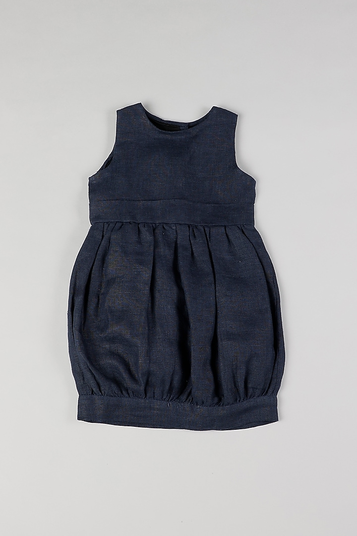 Navy Blue Linen Gathered Dress by THE HAPPY POLKA