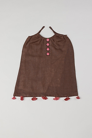 Brown & Pink Linen Dress by THE HAPPY POLKA