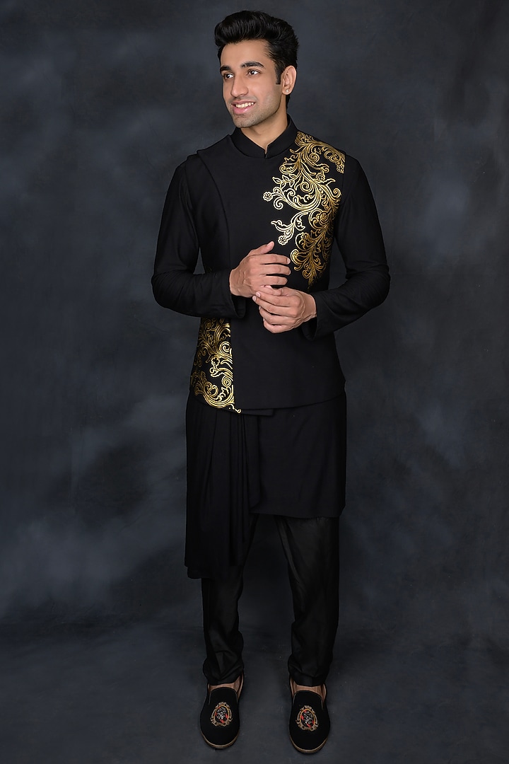 Black Hosiery Embellished Wedding Indowestern Set by THE BLUES at Pernia's Pop Up Shop