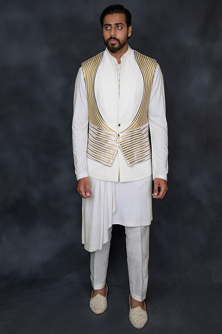 White Hosiery & Banana Crepe Embellished Wedding Indowestern Set by THE BLUES at Pernia's Pop Up Shop