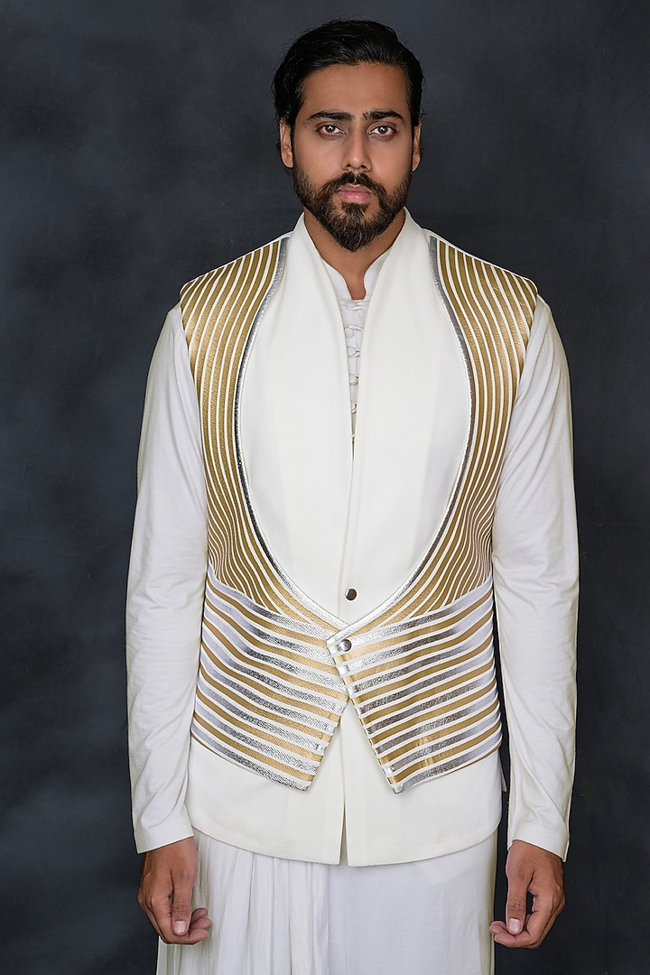 White Hosiery & Banana Crepe Embellished Wedding Indowestern Set by THE BLUES at Pernia's Pop Up Shop