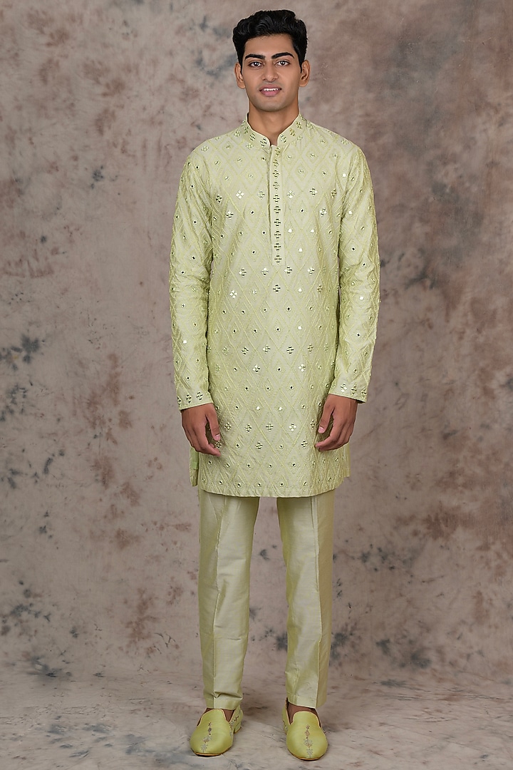 Light Green Cotton Silk Embroidered Kurta Set by THE BLUES at Pernia's Pop Up Shop