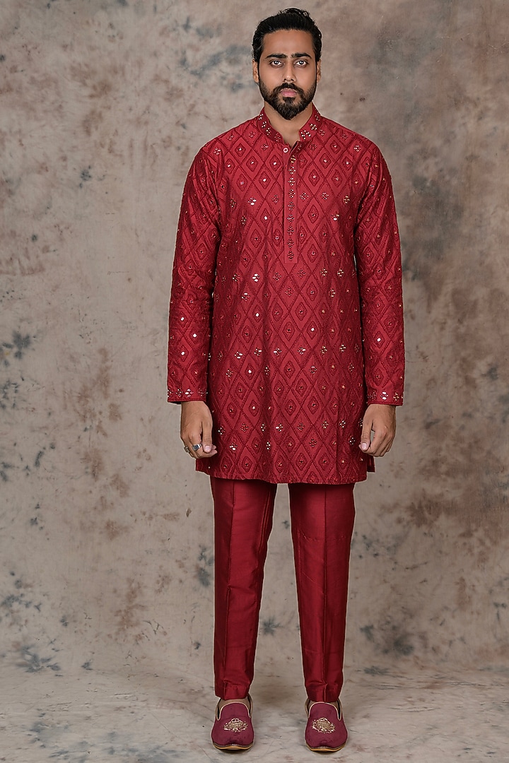 Red Cotton Silk Embroidered Kurta Set by THE BLUES at Pernia's Pop Up Shop