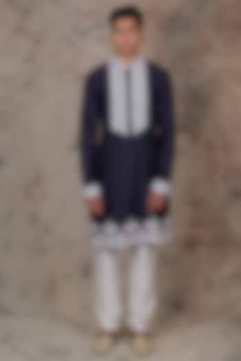 Navy Blue Cotton Silk Embroidered Kurta Set by THE BLUES at Pernia's Pop Up Shop