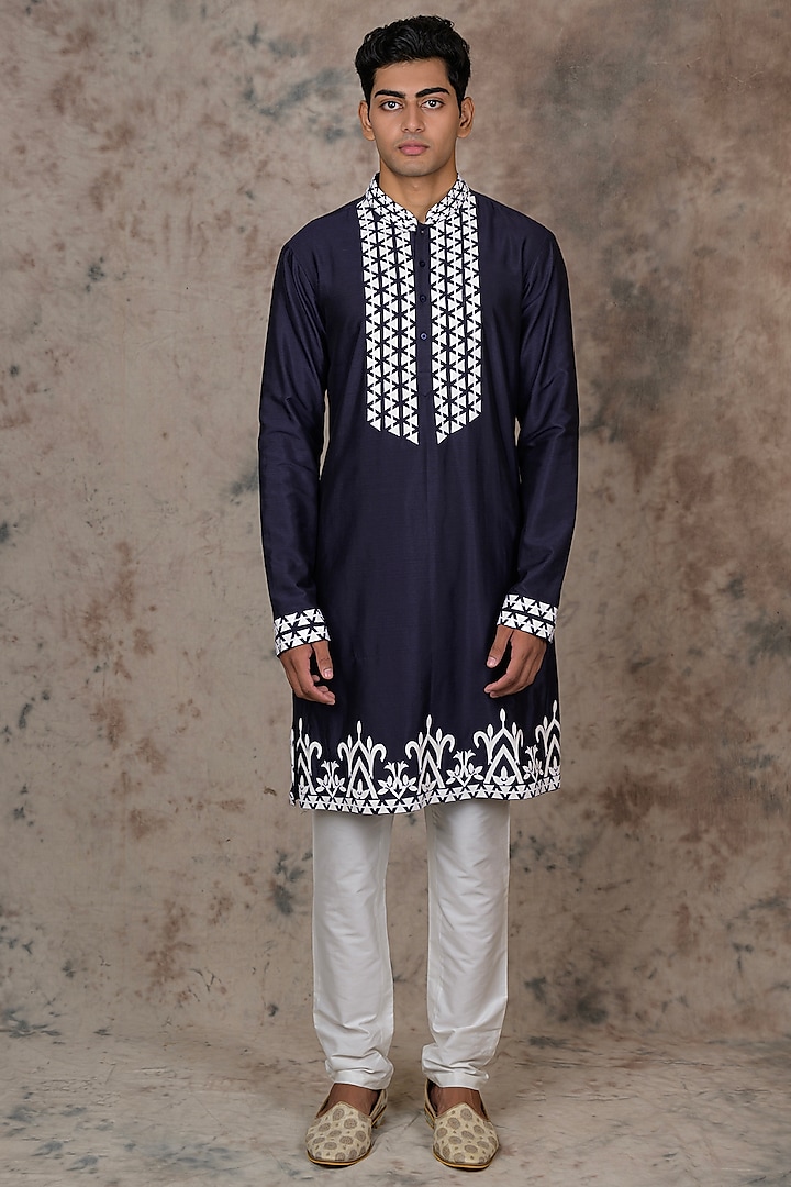 Navy Blue Cotton Silk Embroidered Kurta Set by THE BLUES at Pernia's Pop Up Shop