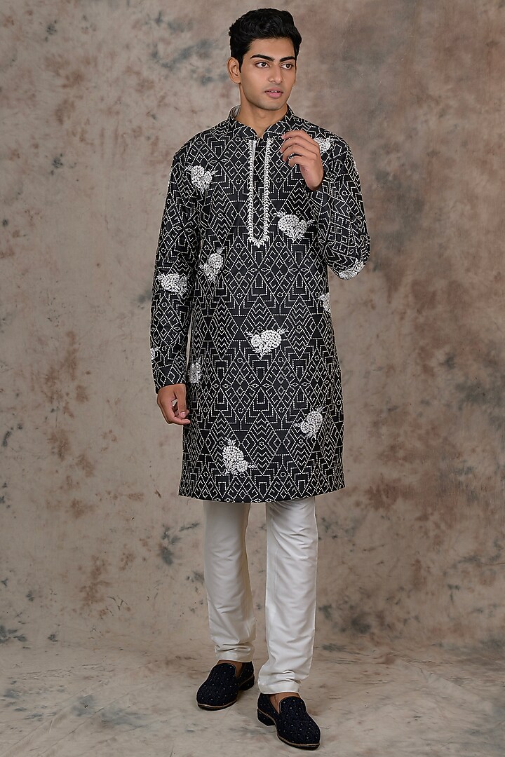 Black Cotton Silk Embroidered Kurta Set by THE BLUES at Pernia's Pop Up Shop
