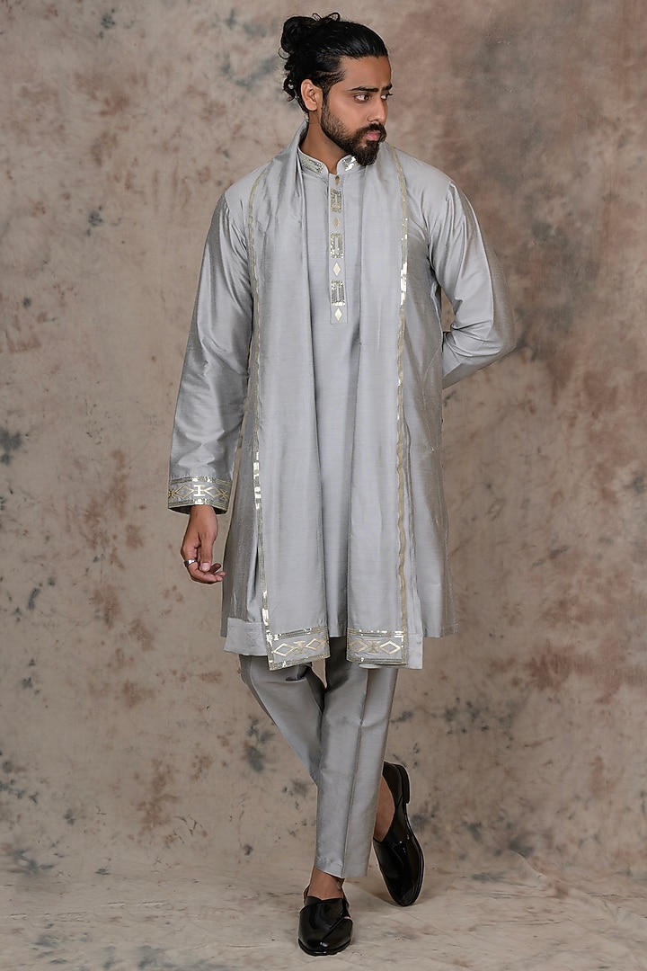 Light Grey Cotton Silk Embroidered Kurta Set by THE BLUES at Pernia's Pop Up Shop
