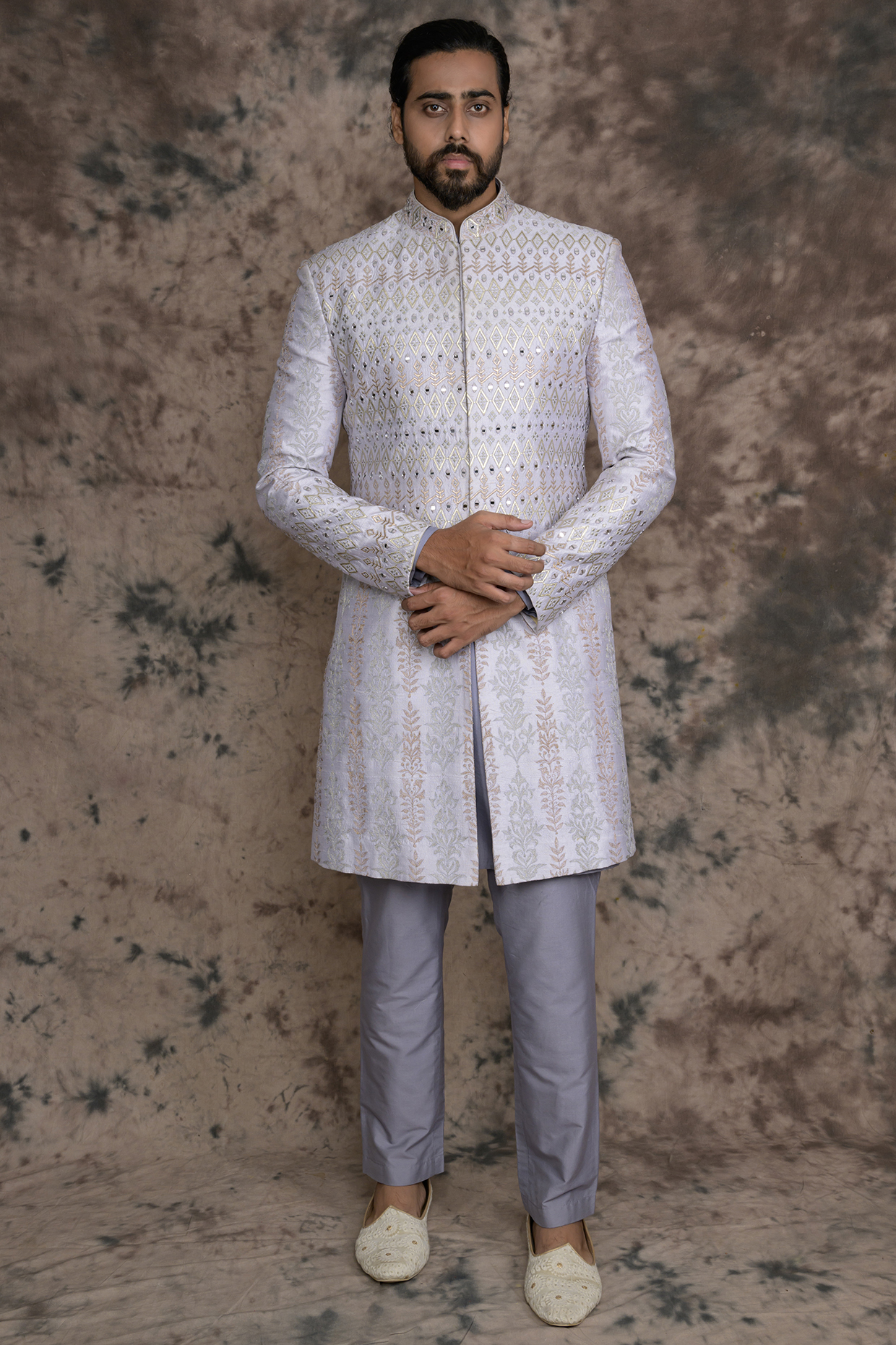 Light Grey Raw Silk Embroidered Indowestern Set by THE BLUES