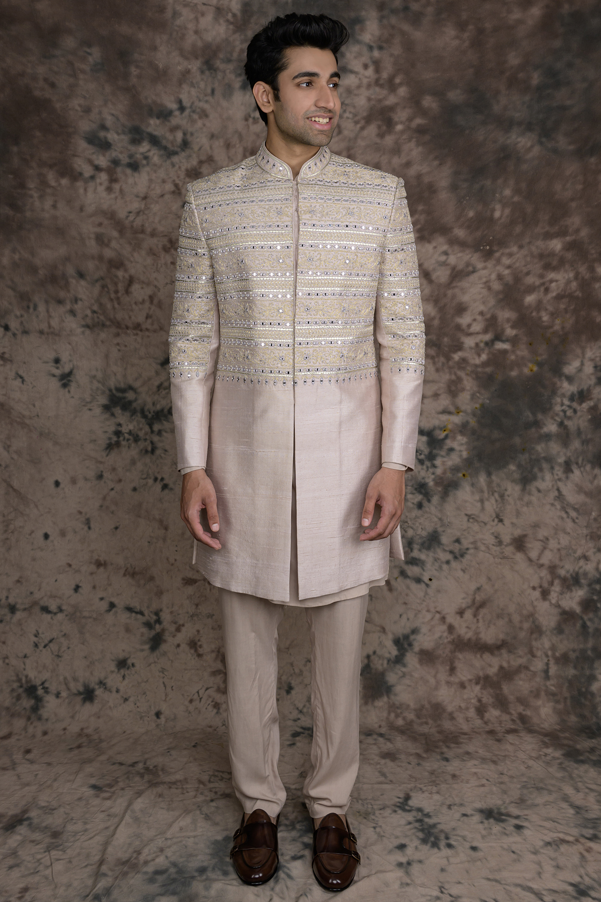 Ash Grey Raw Silk Embroidered Indowestern Set by THE BLUES