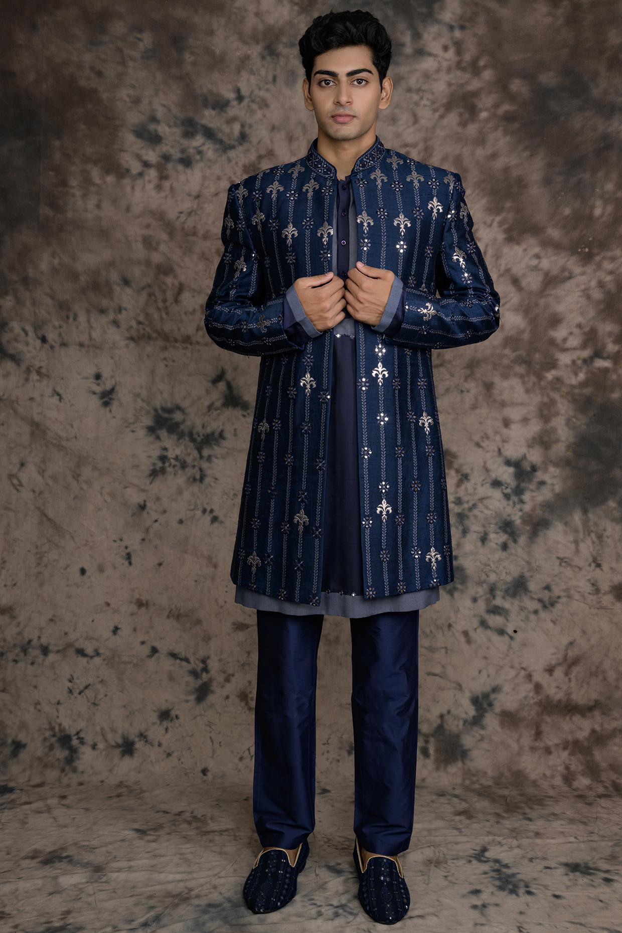 Indigo Blue Raw Silk Embroidered Indowestern Set by THE BLUES