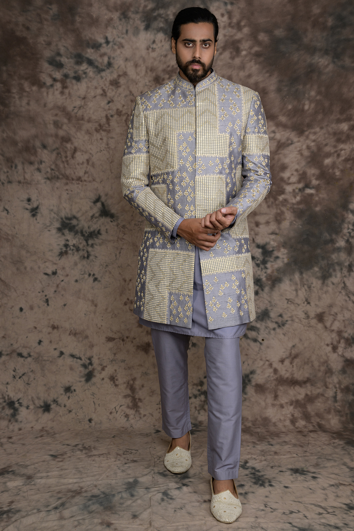 Grey Raw Silk Embroidered Indowestern Set by THE BLUES