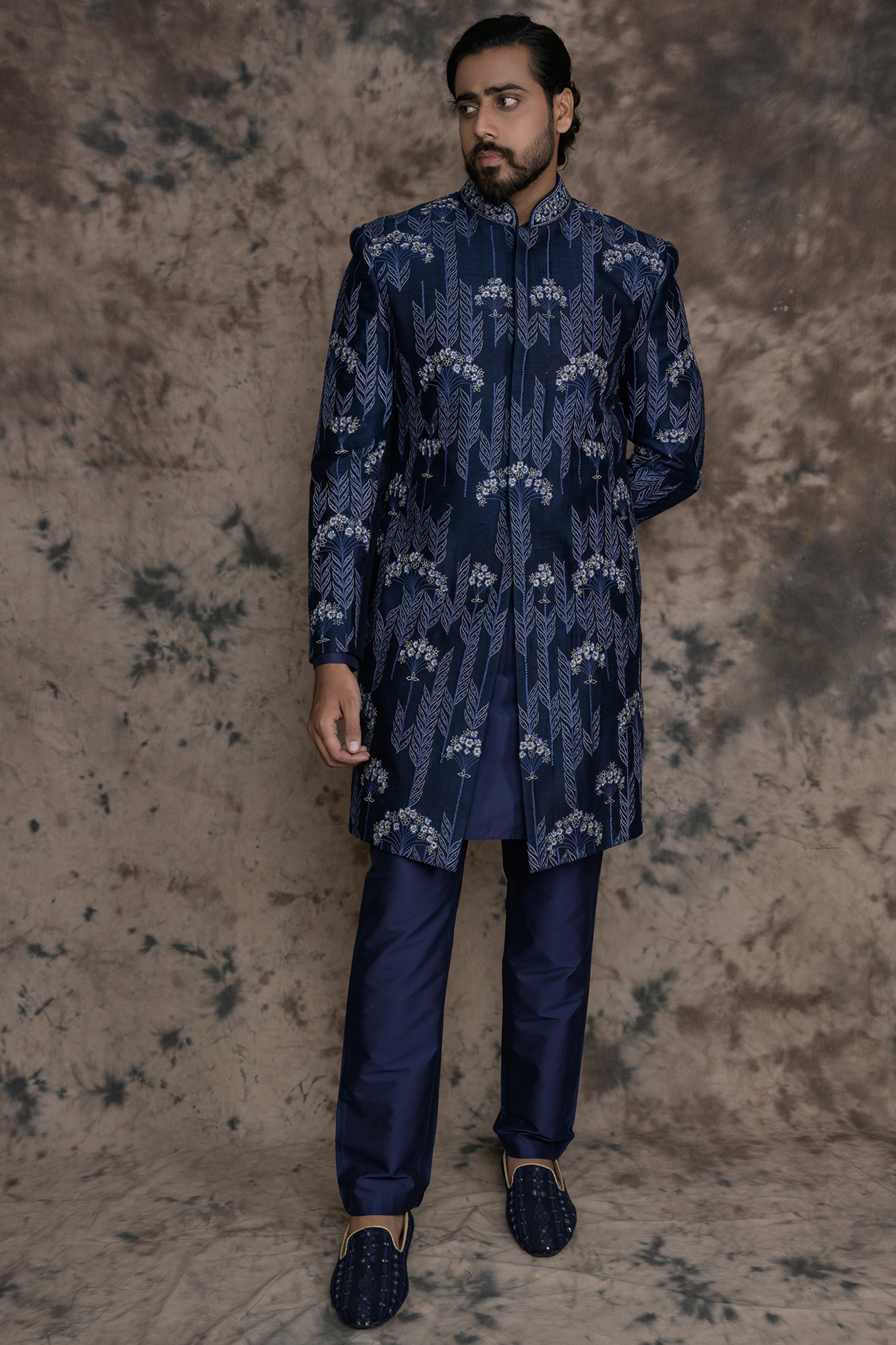 Blue Raw Silk Embroidered Indowestern Set by THE BLUES