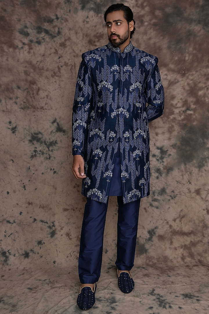 Blue Raw Silk Embroidered Indowestern Set by THE BLUES